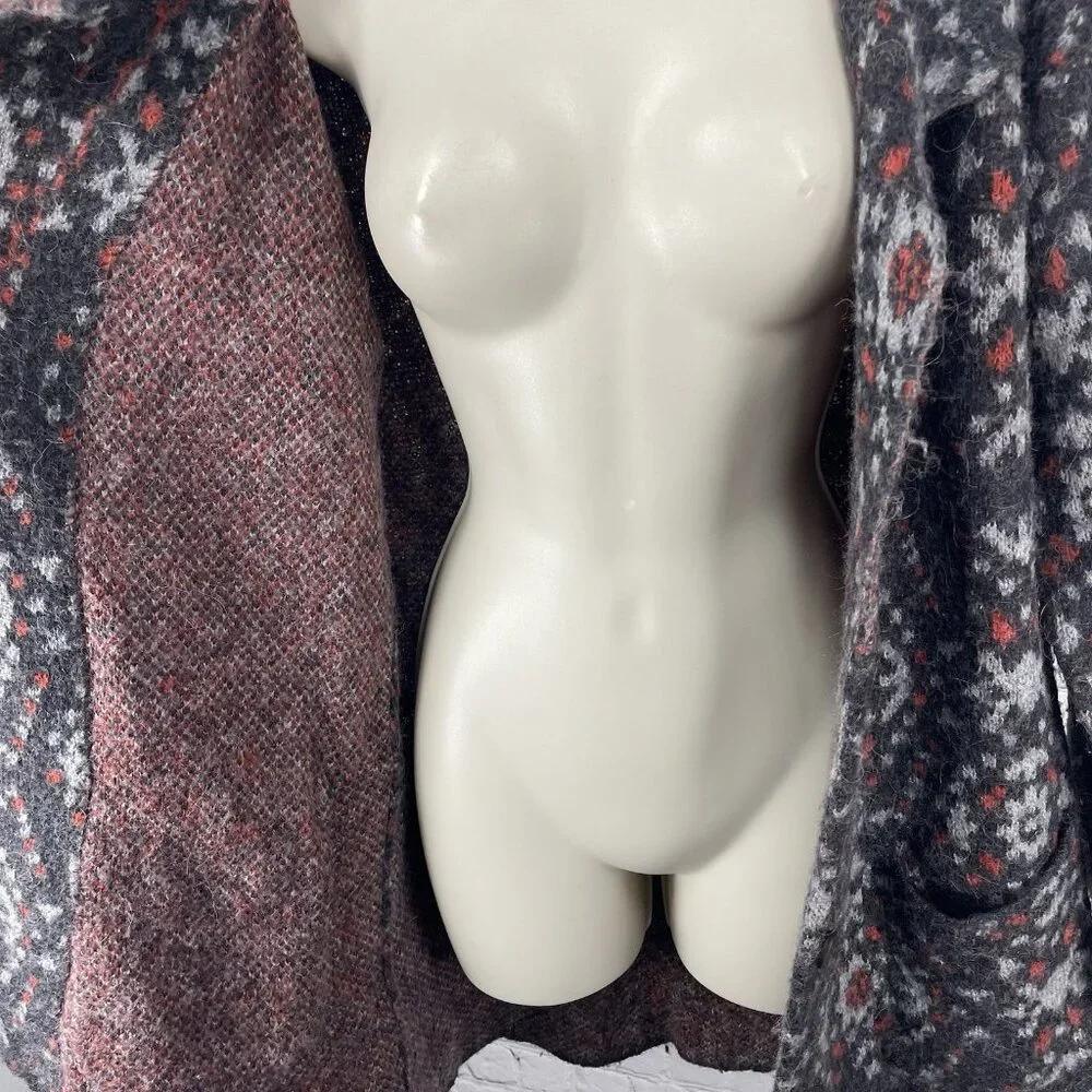 Free People Grey Print Wool Alpaca Blend Button Up Collar Cardigan Size Medium M